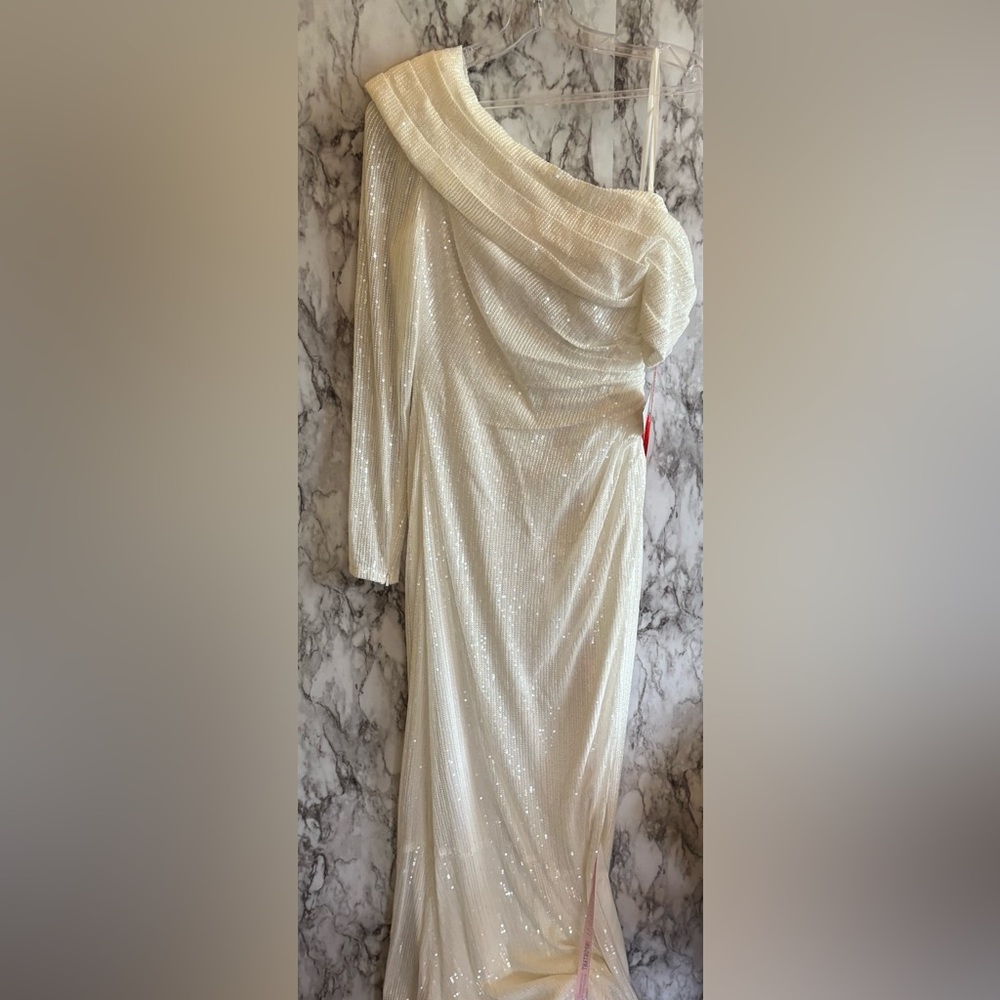 Mac Duggal Cream Embellished Gown with Asymmetrical Neckline